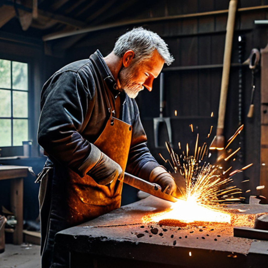 **

"A skilled blacksmith, fully clothed in appropriate leather attire, hammering a glowing piece of metal at a forge. The workshop is filled with tools and sparks, safe for work, appropriate content, professional, perfect anatomy, natural proportions, family-friendly, high-quality rendering."

**