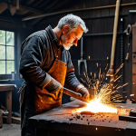 **

"A skilled blacksmith, fully clothed in appropriate leather attire, hammering a glowing piece of metal at a forge. The workshop is filled with tools and sparks, safe for work, appropriate content, professional, perfect anatomy, natural proportions, family-friendly, high-quality rendering."

**