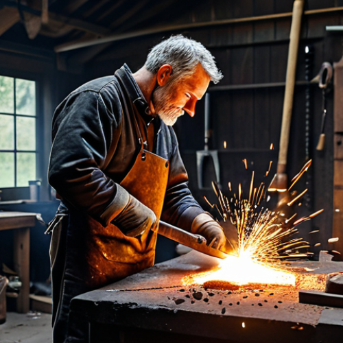 **

"A skilled blacksmith, fully clothed in appropriate leather attire, hammering a glowing piece of metal at a forge. The workshop is filled with tools and sparks, safe for work, appropriate content, professional, perfect anatomy, natural proportions, family-friendly, high-quality rendering."

**