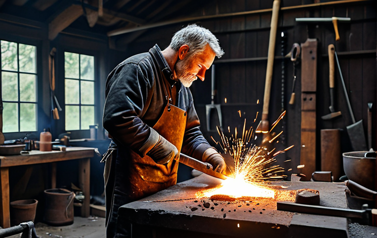 **

"A skilled blacksmith, fully clothed in appropriate leather attire, hammering a glowing piece of metal at a forge. The workshop is filled with tools and sparks, safe for work, appropriate content, professional, perfect anatomy, natural proportions, family-friendly, high-quality rendering."

**