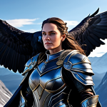 **

"A valiant Valkyrie in full, ornate armor, soaring over a snow-capped mountain range in Midgard, a majestic raven on her shoulder, fully clothed, professional fantasy illustration, perfect anatomy, correct proportions, dynamic pose, dramatic lighting, safe for work, appropriate content, family-friendly, digital painting, detailed background."

**