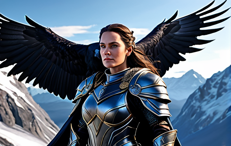 **

"A valiant Valkyrie in full, ornate armor, soaring over a snow-capped mountain range in Midgard, a majestic raven on her shoulder, fully clothed, professional fantasy illustration, perfect anatomy, correct proportions, dynamic pose, dramatic lighting, safe for work, appropriate content, family-friendly, digital painting, detailed background."

**